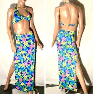 Kat Byrd* 2 pc Neon Tropical Floral Bodycon Spandex Halter Top/Long Skirt Set~S